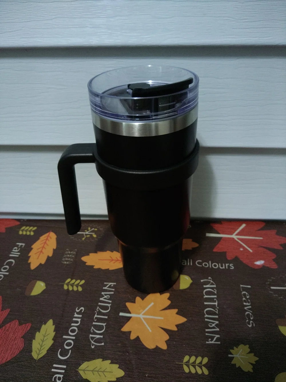 Insulated Black Travel Mug with Handle and Clear Lid